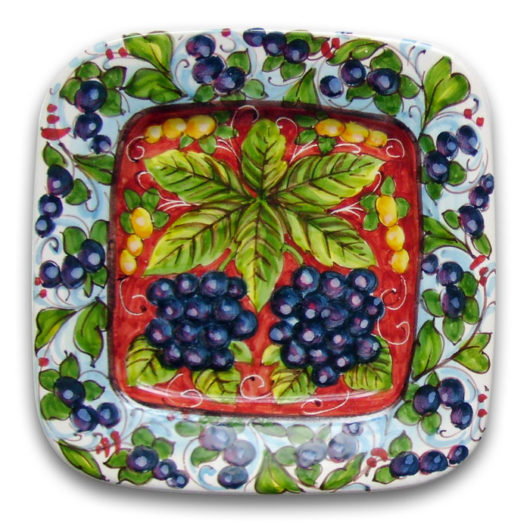 Square plate – Rosso Tango and black grapes