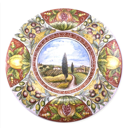 Piatto - Decoro Rosso con paesaggio, melograni e olive