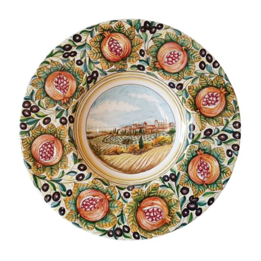 Piatto - Decoro Melograni e olive con paesaggio